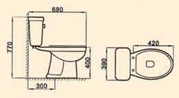 modern water closet, siphonic urinal, square wash basin, 2 piece toilet, Siphonic Close-Coupled Toilet